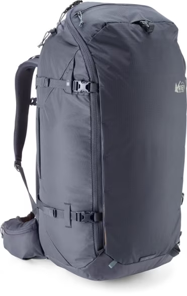 11. REI Co-op Ruckpack 60+ Recycled Travel Pack from the side, black