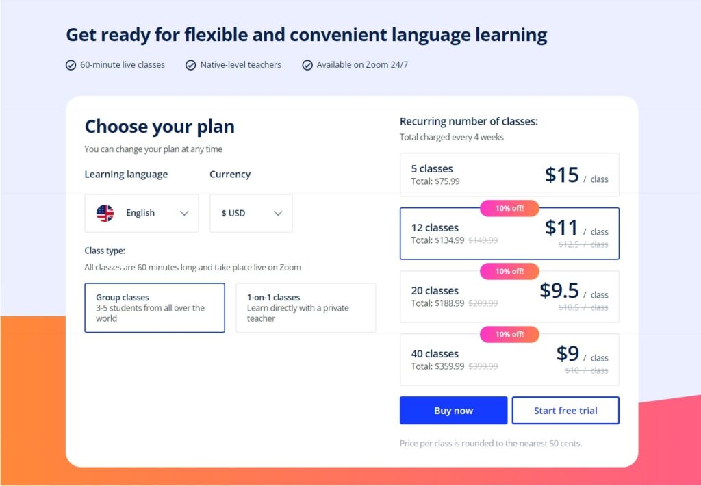 Lingoda Plans for Group Classes