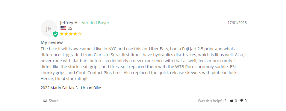 A satisfied customer's review on the Marin Fairfax 3 Urban Hybrid Bicycle, via BikesOnline AU.