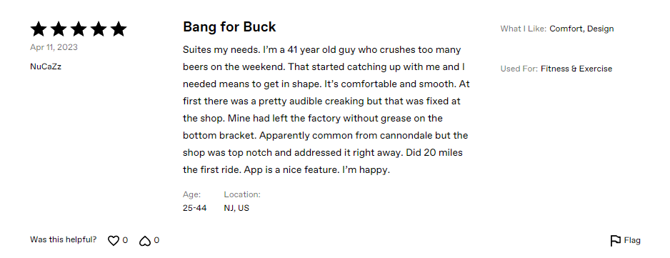 A satisfied customer’s feedback on the Cannondale Quick 5 Hybrid Cycle's performance.