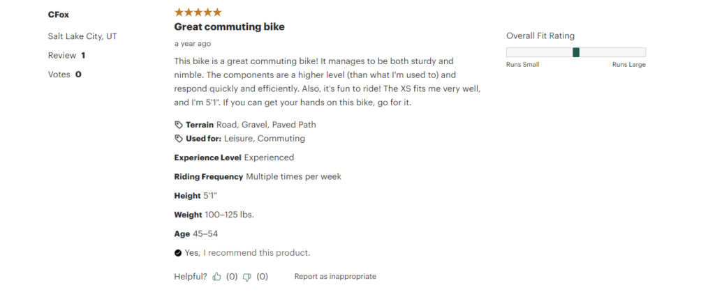 customer feedback on the REI Co-op Cycles CTY 2.2 Hybrid Bike from a satisfied buyer