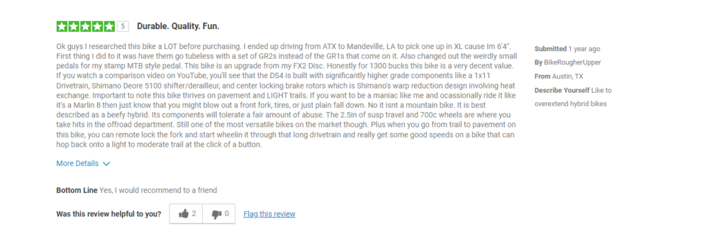 Another owner’s review on the excellent Trek Dual Sport Gen 4 Hybrid Cycle's specs.