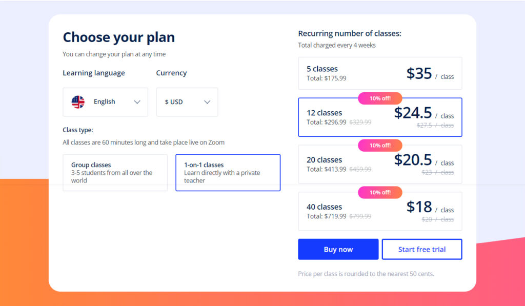Lingoda Plans for 1 on 1 Classes