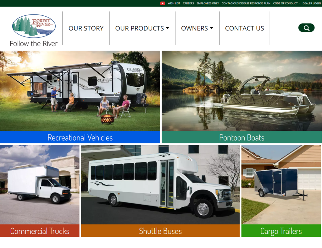 The homepage for Forest River Trailers, one of the best Travel Trailer Brands