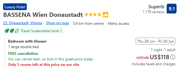 Price for spending a night at BASSENA Wien Donaustadt
