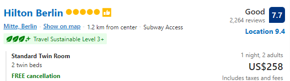 Price for staying a night at Hilton Berlin