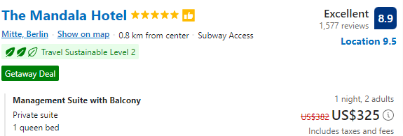 Price for staying a night at The Mandala Hotel In West Berlin