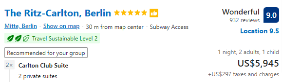 Price for staying a night at The Ritz-Carlton Hotel in Berlin