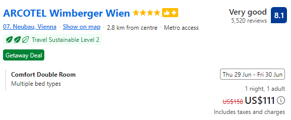 Price for staying at ARCOTEL Wimberger Wien