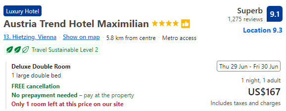 Price for staying at Austria Trend Hotel Maximilian