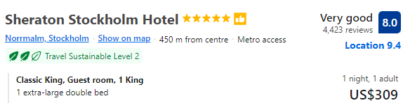 Price for staying at Sheraton Stockholm Hotel