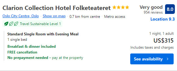 Price for staying one night at Clarion Collection Hotel Folketeateret
