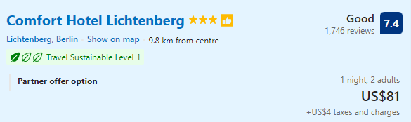 Price for staying one night at Comfort Hotel Lichtenberg