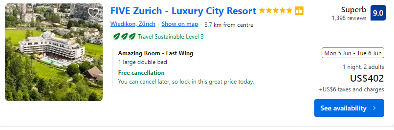 Price for staying one night at Five Zurich
