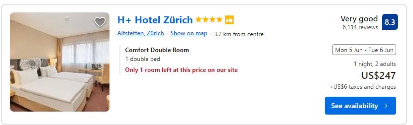 Price for staying one night at H+ Hotel Zurich
