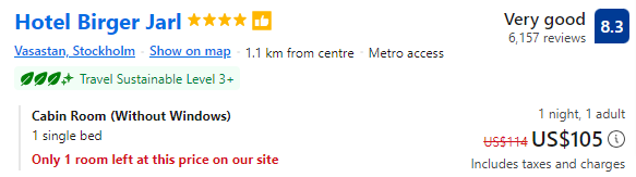 Price for staying one night at Hotel Birger Jarl