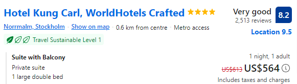 Price for staying one night at Hotel Kung Carl, WorldHotels Crafted
