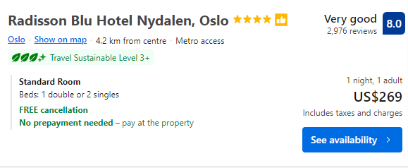 Price for staying one night at Radisson Blu Hotel Nydalen
