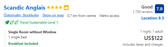 Price for staying one night at Scandic Anglais
