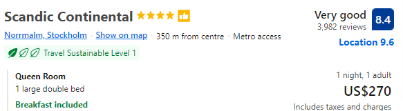 Price for staying one night at Scandic Continental