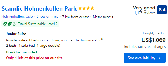 Price for staying one night at Scandic Holmenkollen Park
