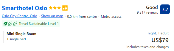 Price for staying one night at Smarthotel Oslo
