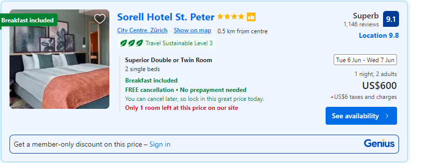 Price for staying one night at Sorell Hotel St.Peter 