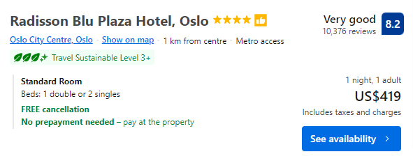 Price for staying one night at The Radisson Blu Plaza Hotel
