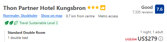 Price for staying one night at Thon Partner Hotel Kungsbron
