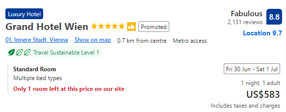 Price of spending a night at Grand Hotel Wien 