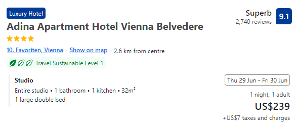 Price of staying for a night at Adina Apartment Hotel Vienna Belvedere