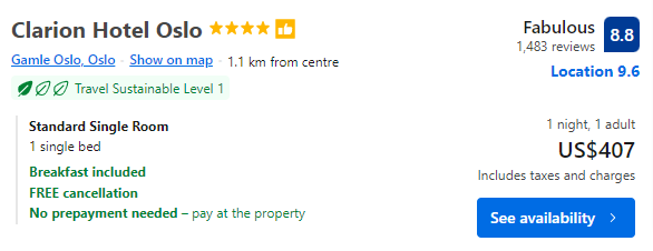 Price of staying for a night at Clarion Hotel Oslo