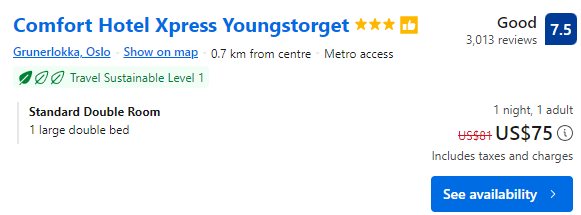 Price of staying for a night at Comfort Hotel Xpress Youngstorget
