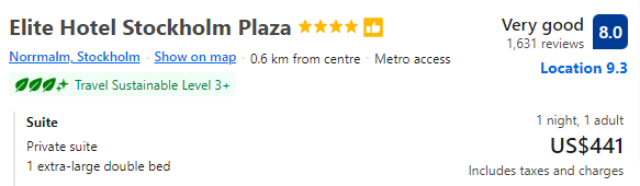 Price of staying for a night at Elite Hotel Stockholm Plaza
