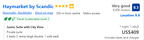 Price of staying for a night at Haymarket by Scandic 