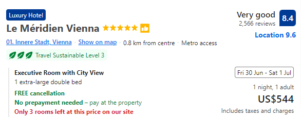 Price of staying for a  night at Le Méridien Vienna
