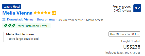 Price of staying for a night at Melia Vienna