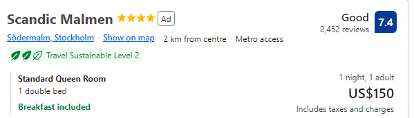 Price of staying for a night at Scandic Malmen