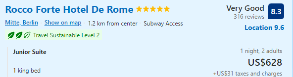 The price for spending a night at Rocco Forte Hotel De Rome