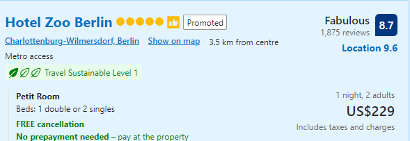 The price for staying a night at The Hotel Zoo Berlin