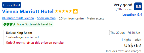 The price of staying for a night at The Vienna Marriott Hotel
